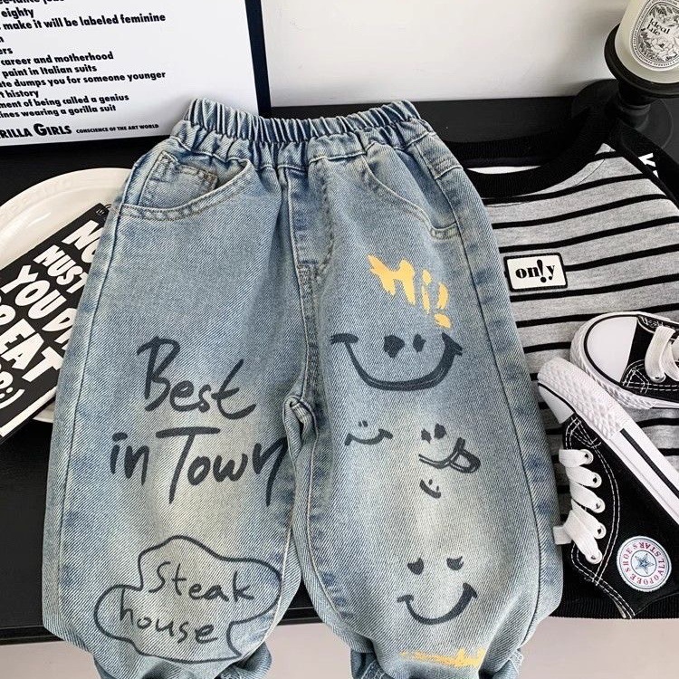 Baby Clothing Drawing - Luźne bawełniane spodnie dżinsowe z graffiti